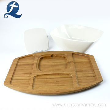 Bamboo Kitchenware White Ceramics Salad Bowl